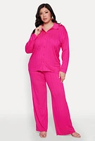 Womens Plus Size Ribbed Knit Button Front Shirt, Pink, Size 1X