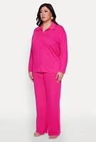 Womens Plus Size Ribbed Knit Button Front Shirt, Pink, Size 1X