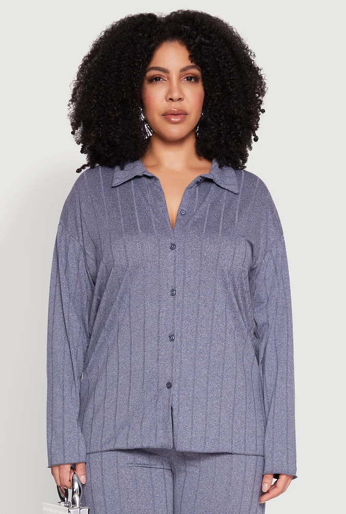 Womens Plus Size Ribbed Knit Button Front Shirt, Blue, Size 1X