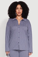 Womens Plus Size Ribbed Knit Button Front Shirt, Blue, Size 1X