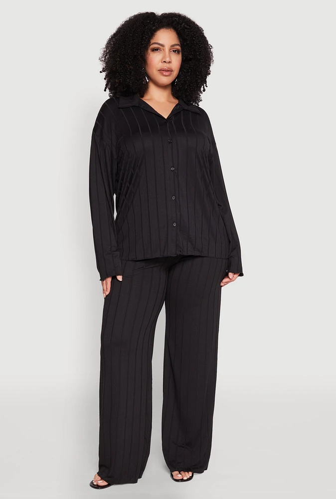 Womens Plus Size Ribbed Knit Wide Leg Pants, Black, Size 2X