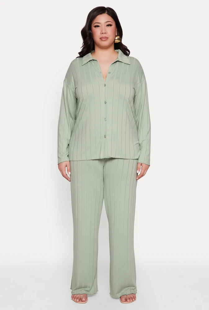 Womens Plus Size Ribbed Knit Wide Leg Pants, Green, Size 3X