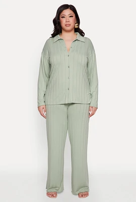 Womens Plus Size Ribbed Knit Wide Leg Pants, Green, Size 3X