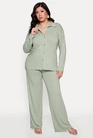 Womens Plus Size Ribbed Knit Wide Leg Pants, Green, Size 3X
