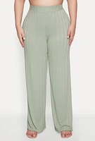 Womens Plus Size Ribbed Knit Wide Leg Pants, Green, Size 3X