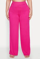 Womens Plus Size Ribbed Knit Wide Leg Pants, Pink, Size 3X