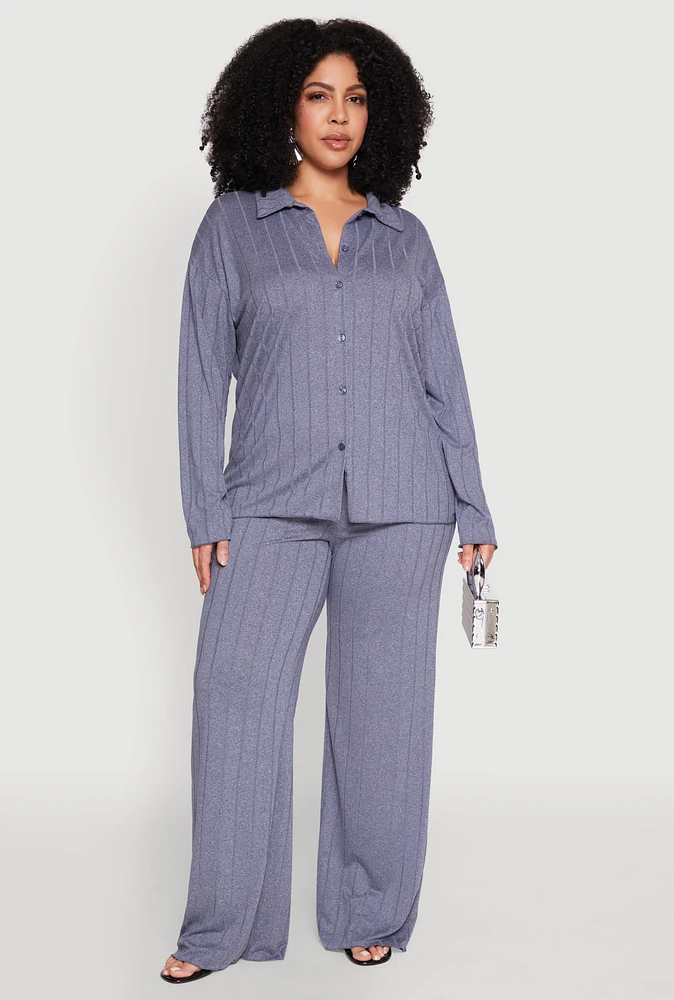 Womens Plus Ribbed Knit Wide Leg Pants, 3X