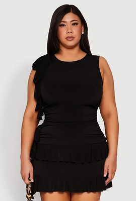 Womens Plus Size Ruffle Trim Ruched Blouse, Black, Size 2X
