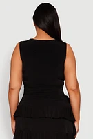 Womens Plus Size Ruffle Trim Ruched Blouse, Black, Size 2X