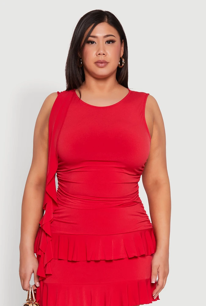 Womens Plus Size Ruffle Trim Ruched Blouse, Red, Size 1X