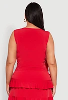 Womens Plus Size Ruffle Trim Ruched Blouse, Red, Size 1X