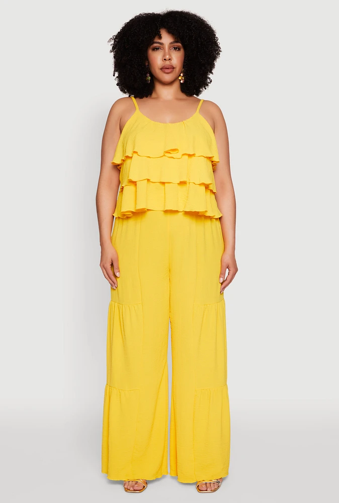Womens Plus Size Airy Tiered Palazzo Pants, Yellow, Size 1X