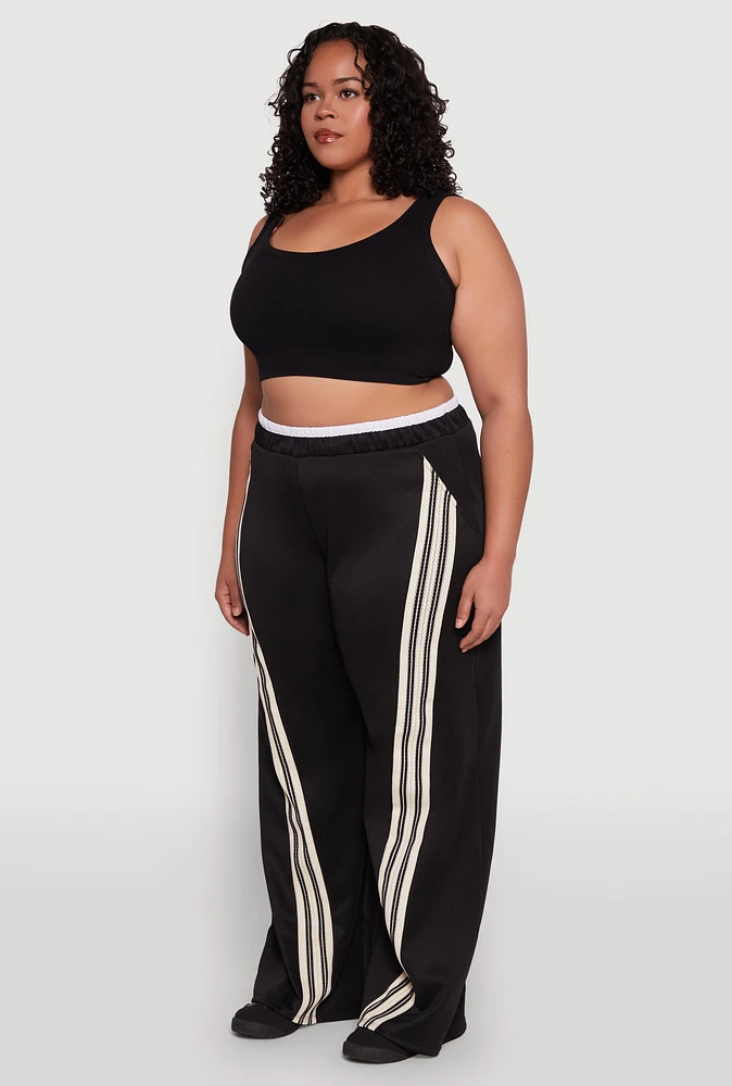 Womens Plus Size Contrast Waistband Stripe Detail Pants, Black, Size 3X