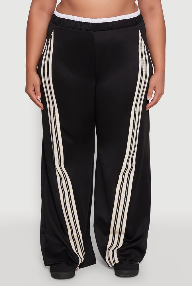 Womens Plus Size Contrast Waistband Stripe Detail Pants, Black, Size 3X