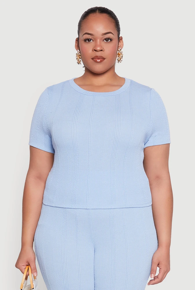 Womens Plus Size Shadow Stripe Crop Top, Blue, Size 1X