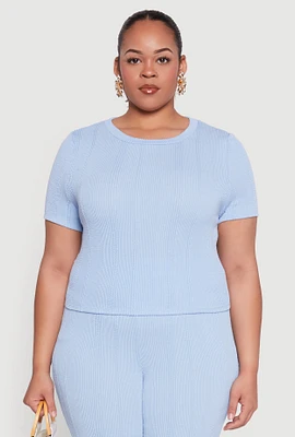 Womens Plus Size Shadow Stripe Crop Top, Blue, Size 1X