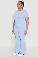 Womens Plus Size Shadow Stripe Crop Top, Blue, Size 1X
