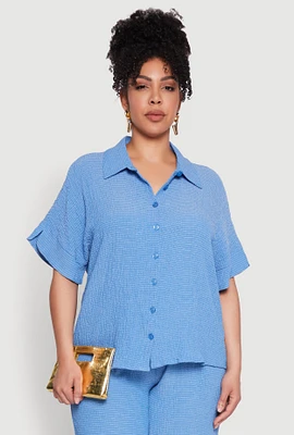 Womens Plus Size Textured Knit Shirt, Blue, Size 2X