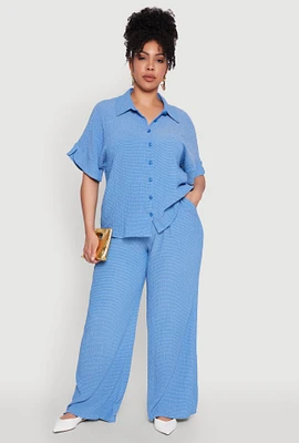 Womens Plus Size Textured Knit Wide Leg Pants, Blue, Size 2X