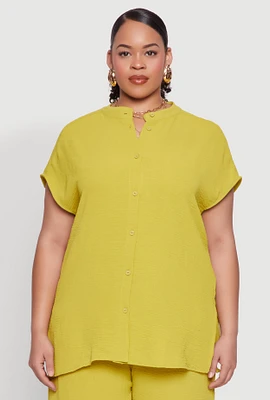 Womens Plus Size Airy Mandarin Collar Tunic Shirt, Green, Size 2X