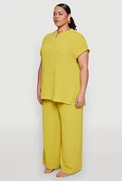 Womens Plus Size Airy Mandarin Collar Tunic Shirt, Green, Size 2X
