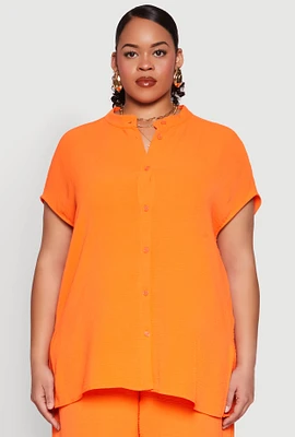 Womens Plus Size Airy Mandarin Collar Tunic Shirt, Orange, Size 1X