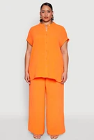 Womens Plus Size Airy Mandarin Collar Tunic Shirt, Orange, Size 1X