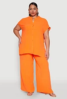 Womens Plus Size Airy Mandarin Collar Tunic Shirt, Orange, Size 1X