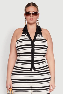 Womens Plus Size Striped Sleeveless Blouse with Halter Neck and Contrast Trim, Multi, Size 2X