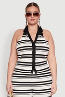 Womens Plus Size Striped Sleeveless Blouse with Halter Neck and Contrast Trim, Multi, Size 2X
