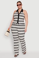 Womens Plus Size Striped Sleeveless Blouse with Halter Neck and Contrast Trim, Multi, Size 2X