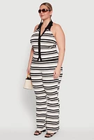 Womens Plus Size Striped Sleeveless Blouse with Halter Neck and Contrast Trim, Multi, Size 2X