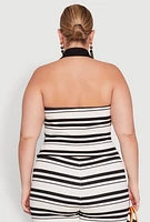 Womens Plus Size Striped Sleeveless Blouse with Halter Neck and Contrast Trim, Multi, Size 2X