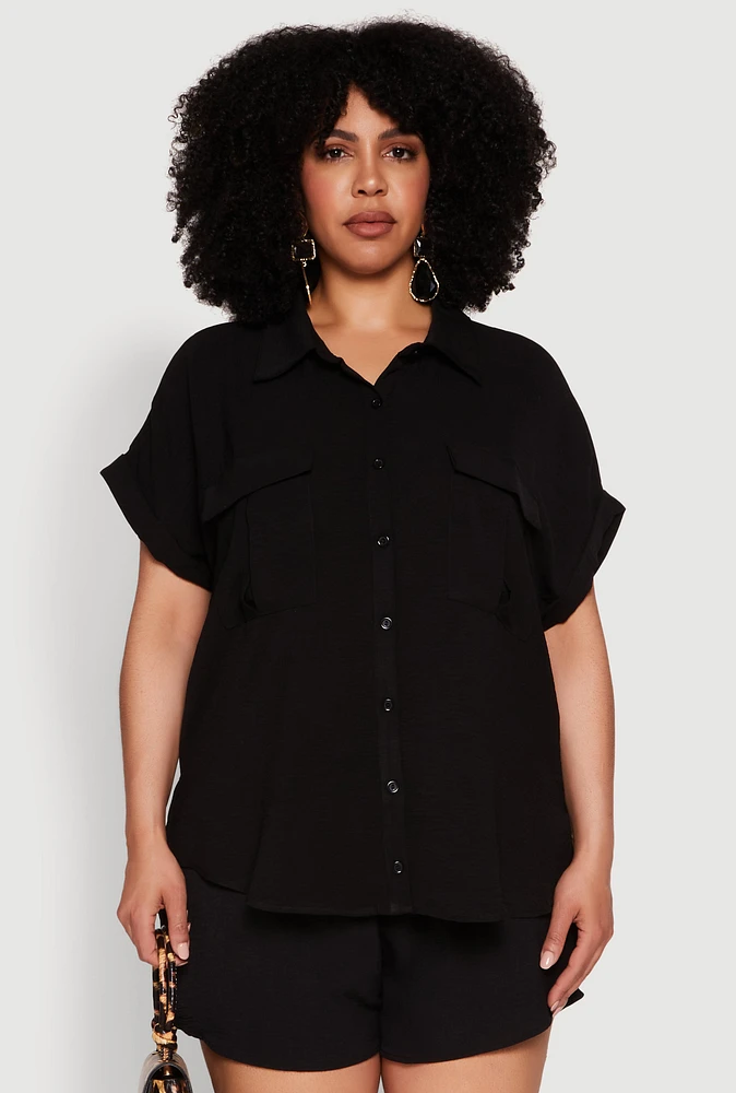 Womens Plus Airy Cargo Pocket Shirt,