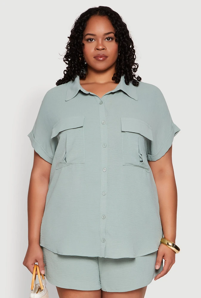 Womens Plus Airy Cargo Pocket Shirt,