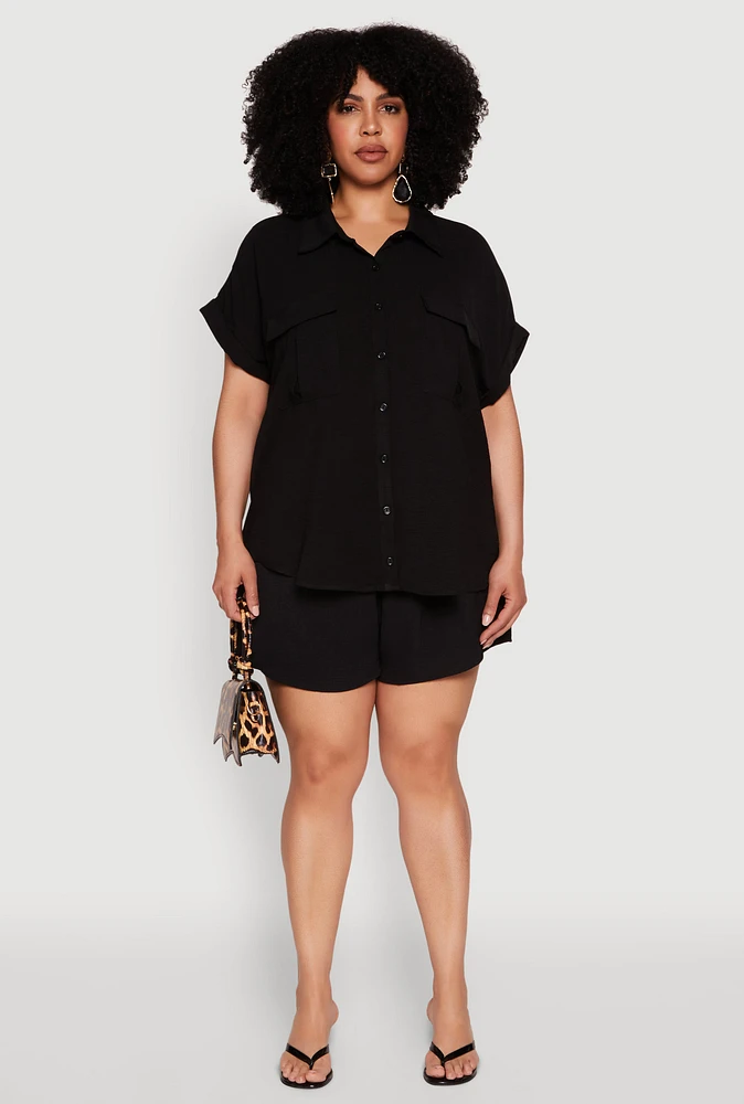 Womens Plus Size Airy Elastic Waist Shorts, Black, Size 2X