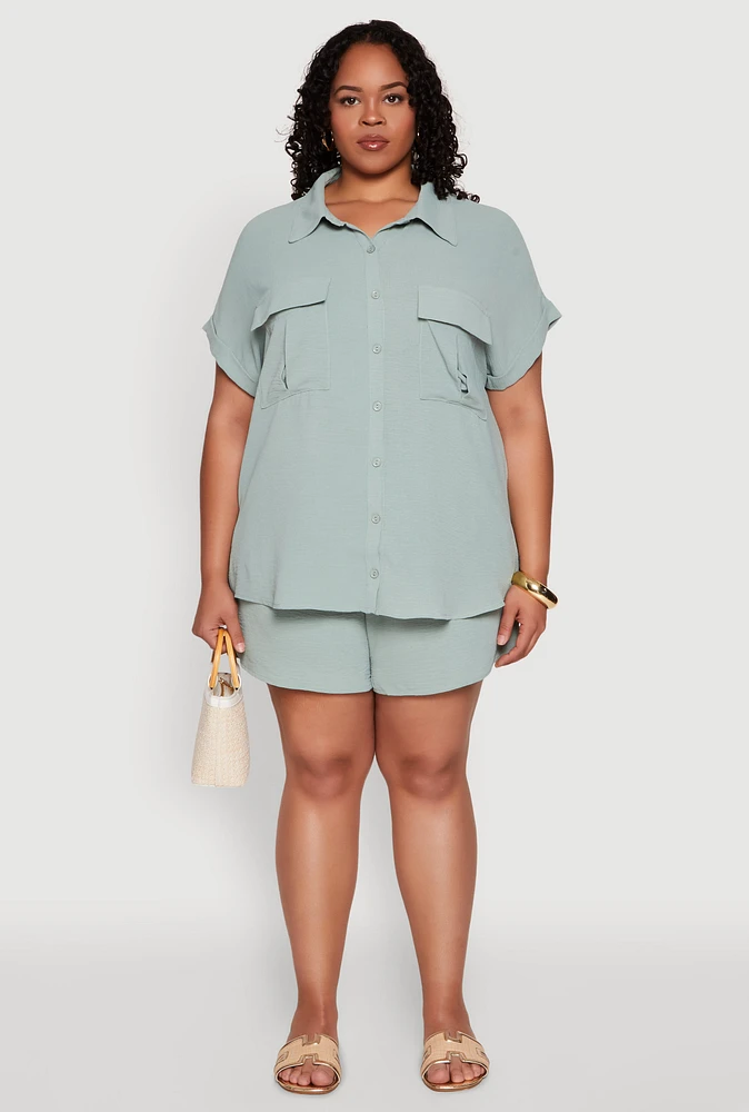 Womens Plus Size Airy Elastic Waist Shorts, Green, Size 2X