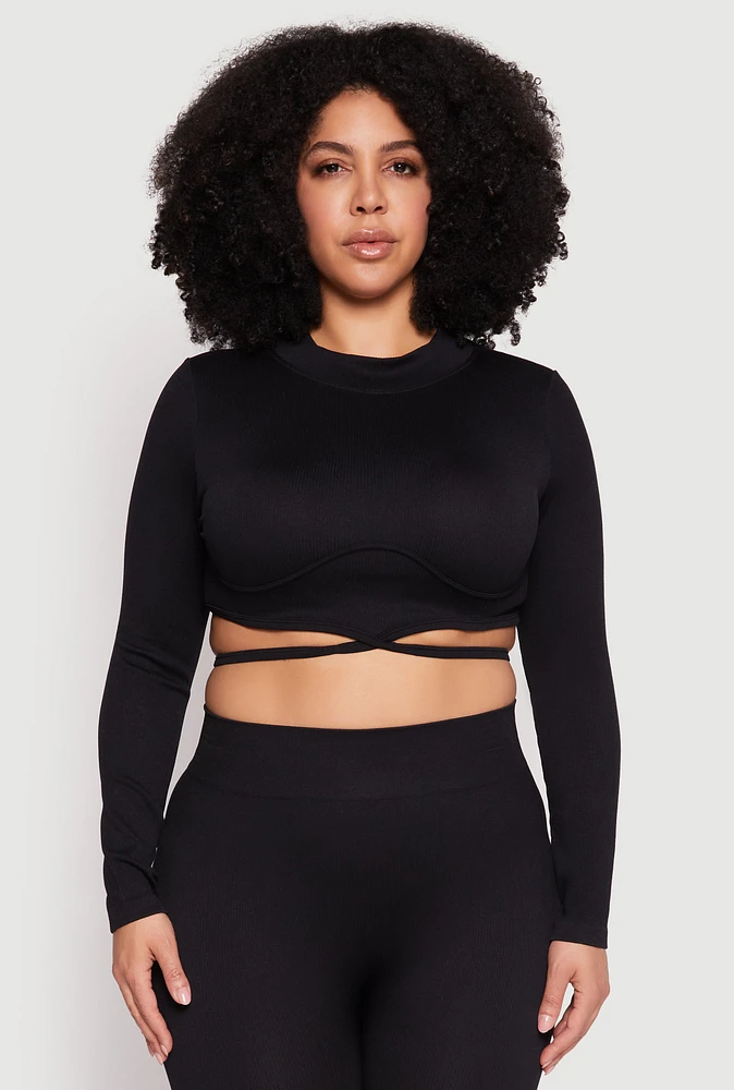 Womens Plus Seamless Rib Knit Tie Back Top, Black,