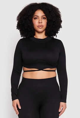 Womens Plus Seamless Rib Knit Tie Back Top, Black,