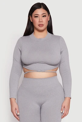 Womens Plus Size Seamless Rib Knit Tie Back Top, Grey, Size 2X-3X