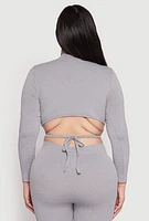 Womens Plus Size Seamless Rib Knit Tie Back Top, Grey, Size 2X-3X