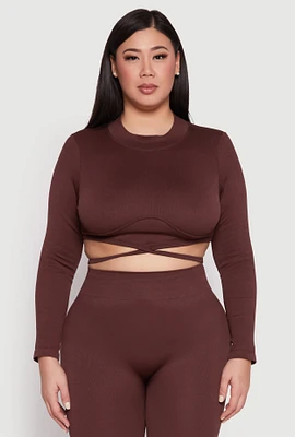 Womens Plus Seamless Rib Knit Tie Back Top, Brown,