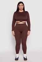 Womens Plus Size Seamless Rib Knit Tie Back Top, Brown, Size 2X-3X