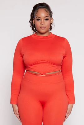 Womens Plus Seamless Rib Knit Tie Back Top, Orange,