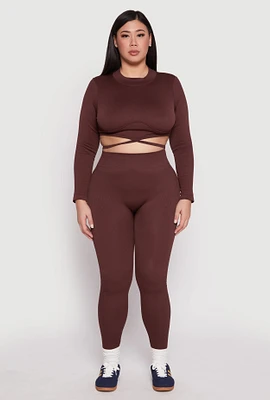 Womens Plus Size Seamless Rib Knit High Waist Leggings, Brown, Size 2X-3X