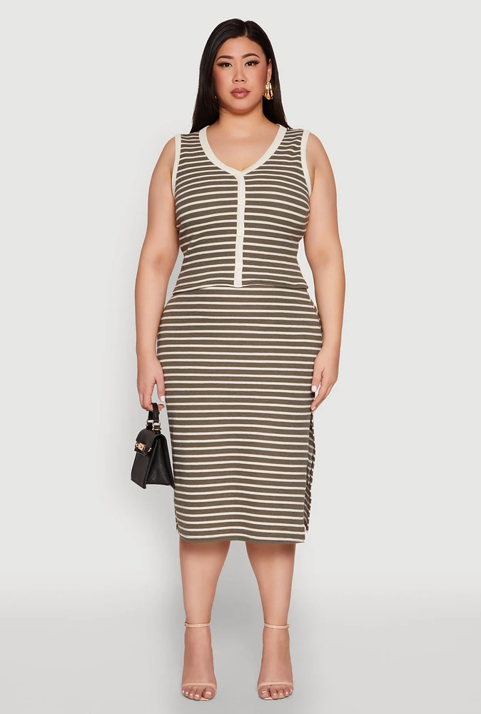 Womens Plus Size Textured Knit Striped Midi Skirt, Green, Size 3X