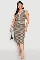 Womens Plus Size Textured Knit Striped Midi Skirt, Green, Size 3X