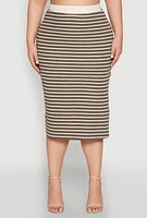 Womens Plus Size Textured Knit Striped Midi Skirt, Green, Size 2X