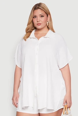 Womens Plus Airy Oversized Slit Hem Shirt, White,