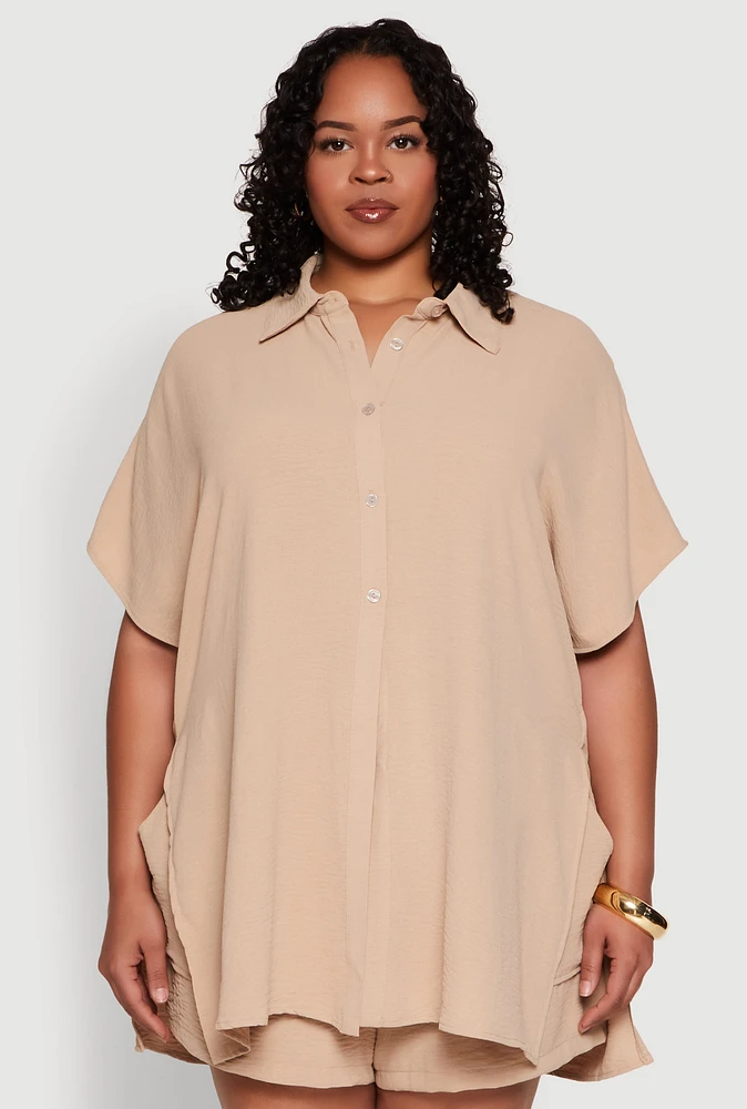 Womens Plus Size Airy Oversized Slit Hem Shirt, Beige, Size 1X